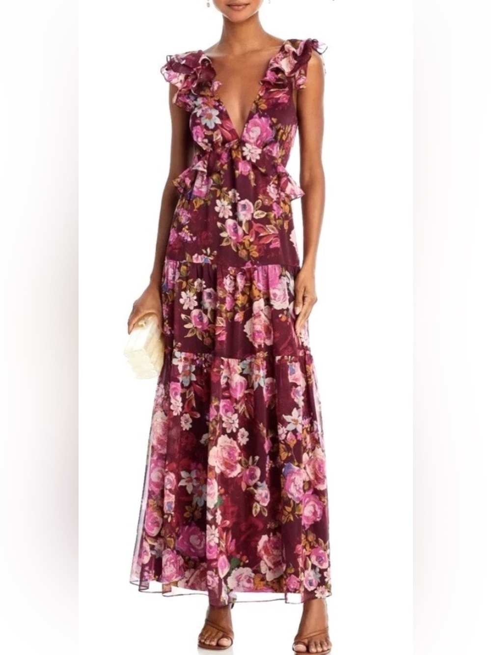 Aqua Burgundy Floral Ruffle V-Neck Maxi Dress